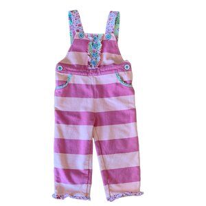 MATILDA JANE Striped Overalls Girls 12-18 Mos Pink Stripes Floral Ruffles Romper